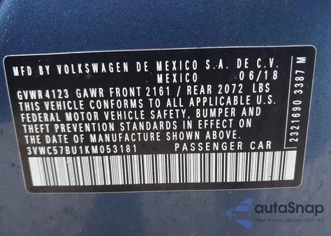 2019 Volkswagen Jetta S/Se/R-Line из США, поврежденный, VIN 3VWC57BU1KM053181